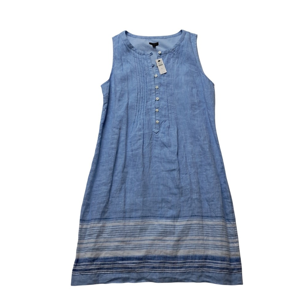 Talbots Light Blue Sleeveless Linen Shift Dress with Striped Hem